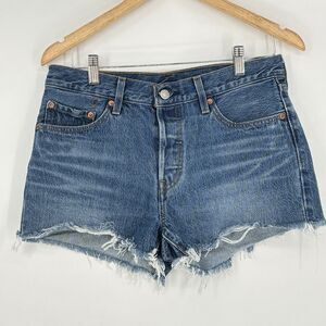 Levis Womens 501 Denim Jean Shorts 28 Cut Off Medium Blue Button Fly Raw‎ Hem
